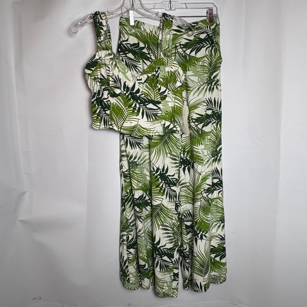 NWT Midnight Sky Womens Green Tropical Palm Linen Crop Top Wide Leg‎ Pants Set L